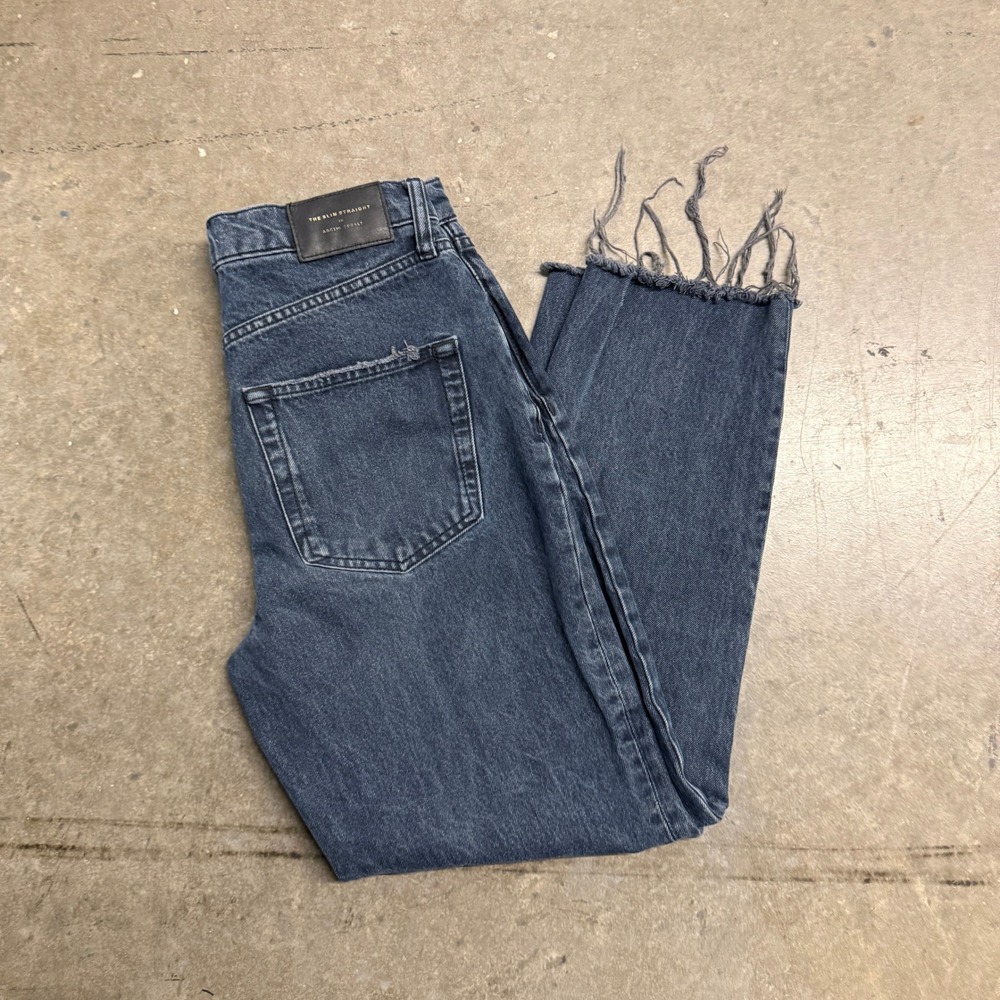 Zara The Slim Straight Jeans Arctic Cobalt Blue Raw Hem Womens 6 28‎